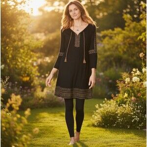 J. Jill Embroidered Peasant Tunic Dress MEDIUM Black Gold Tassel Button Boho NWT